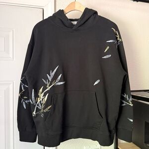 KIDORIMAN black knit botanical bamboo embroidered leaf hoodie sweater